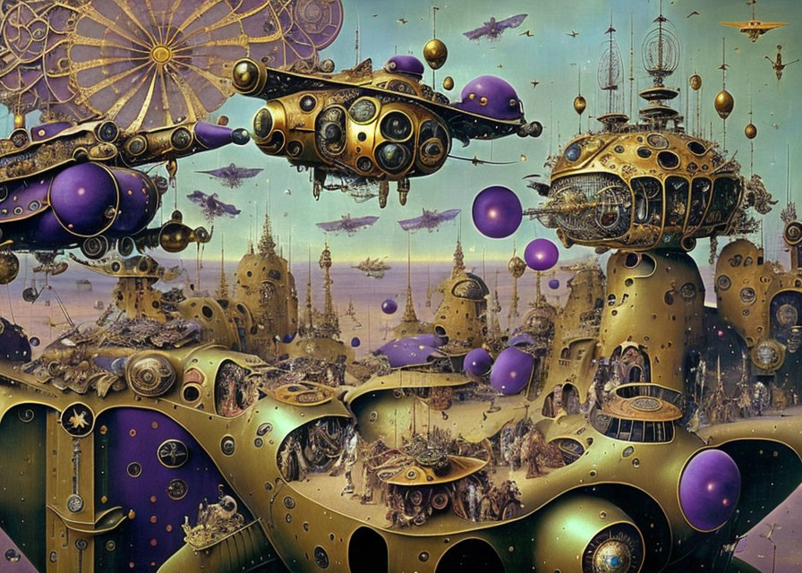 Steampunk landscape with bronze structures, floating orbs, airships & starry sky