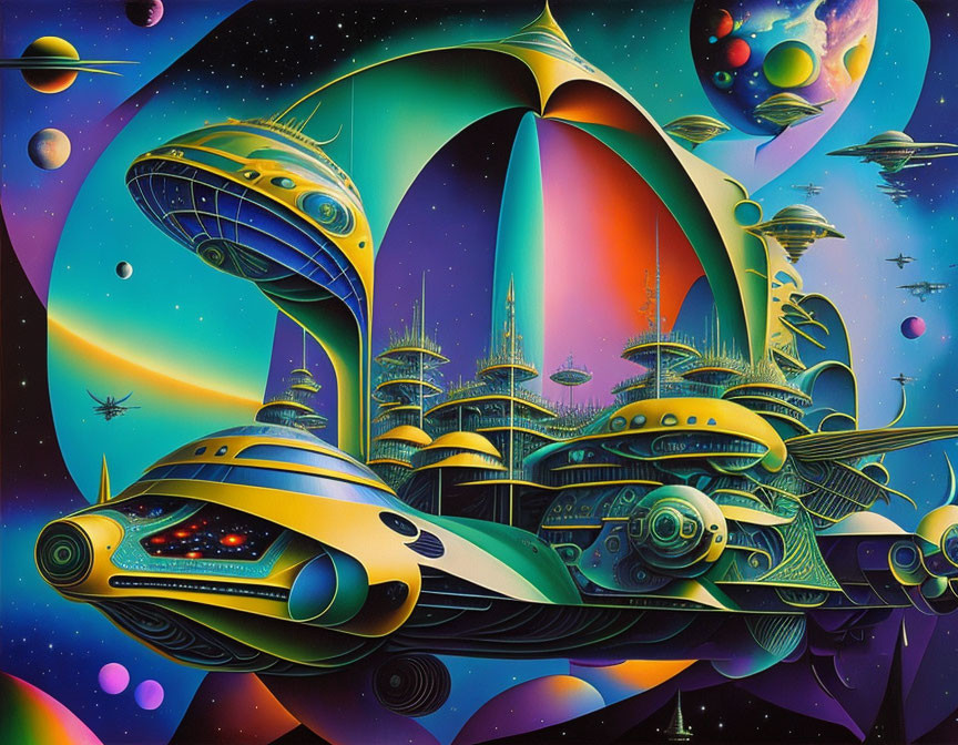 Colorful Sci-Fi Illustration of Spaceships and Celestial Bodies