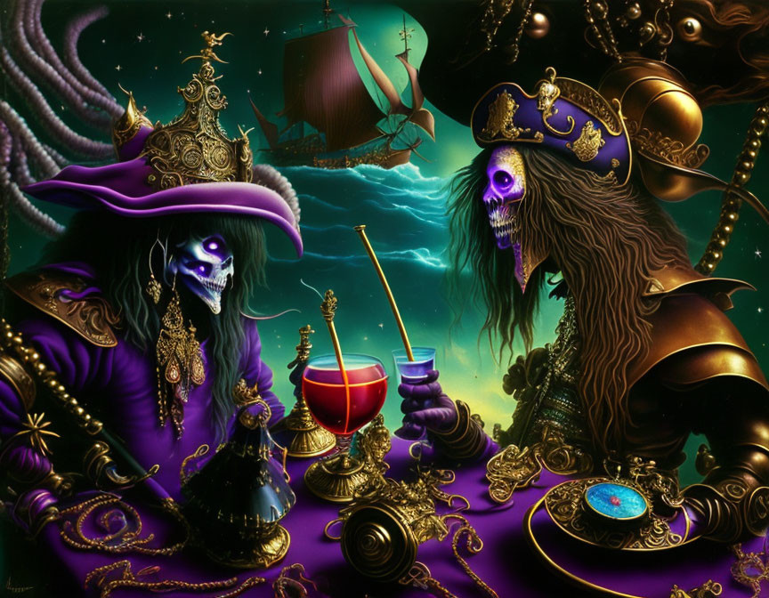 Skeleton pirates playing chess with goblet and compass on table, ship sailing on green sea under starry