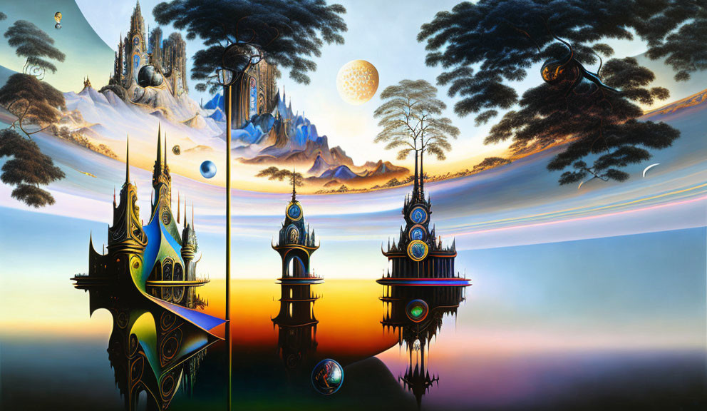 Mirrored fantasy castles in surreal landscape with snow-covered mountain and celestial sky