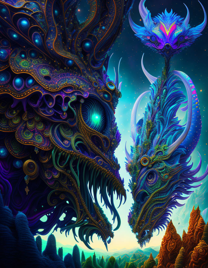 Colorful Psychedelic Artwork: Ornate Dragon-like Creatures in Mystic Landscape