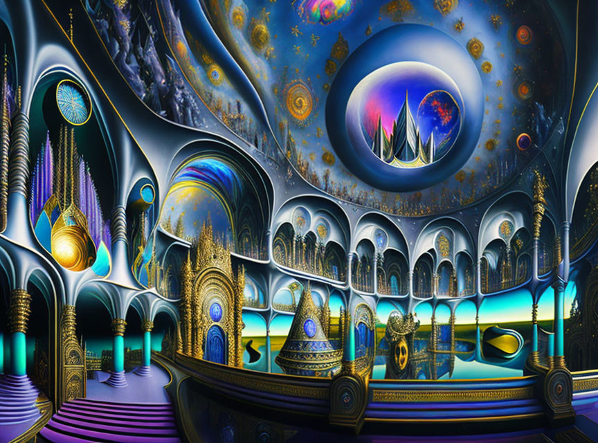 Surreal futuristic landscape with intricate architecture and vivid colors