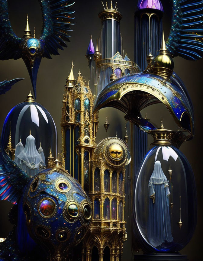 Gothic-inspired fantastical structure with blue and gold details