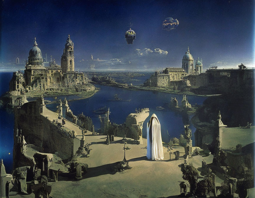 Surreal landscape painting with floating rocks, airships, figure in white sheet, classical architecture,