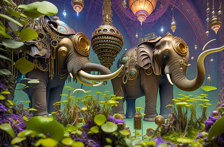 Ornate elephants in mystical chamber with hanging lanterns