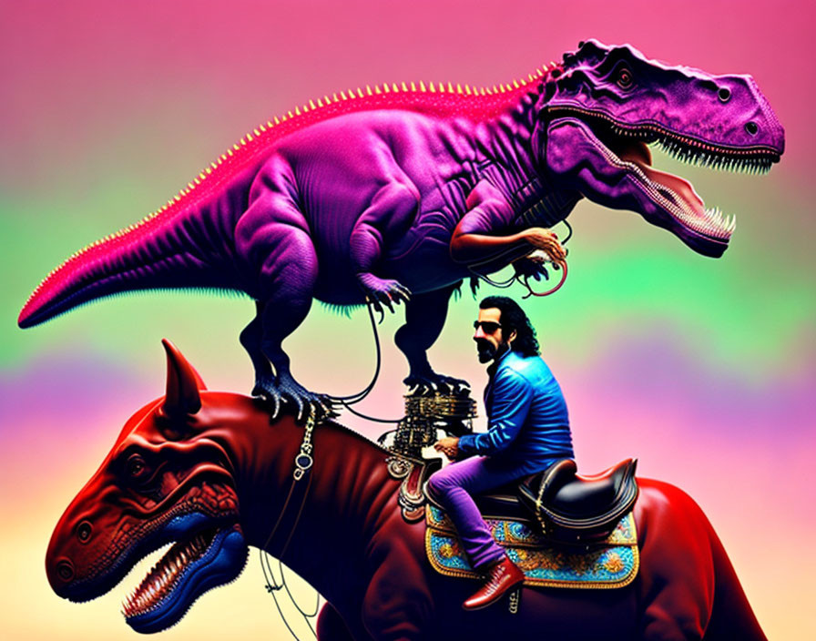 Bearded man in blue suit on red dinosaur riding purple T-Rex