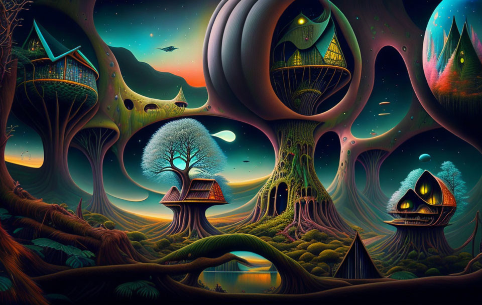 Vibrant surreal landscape with whimsical structures and flying creatures