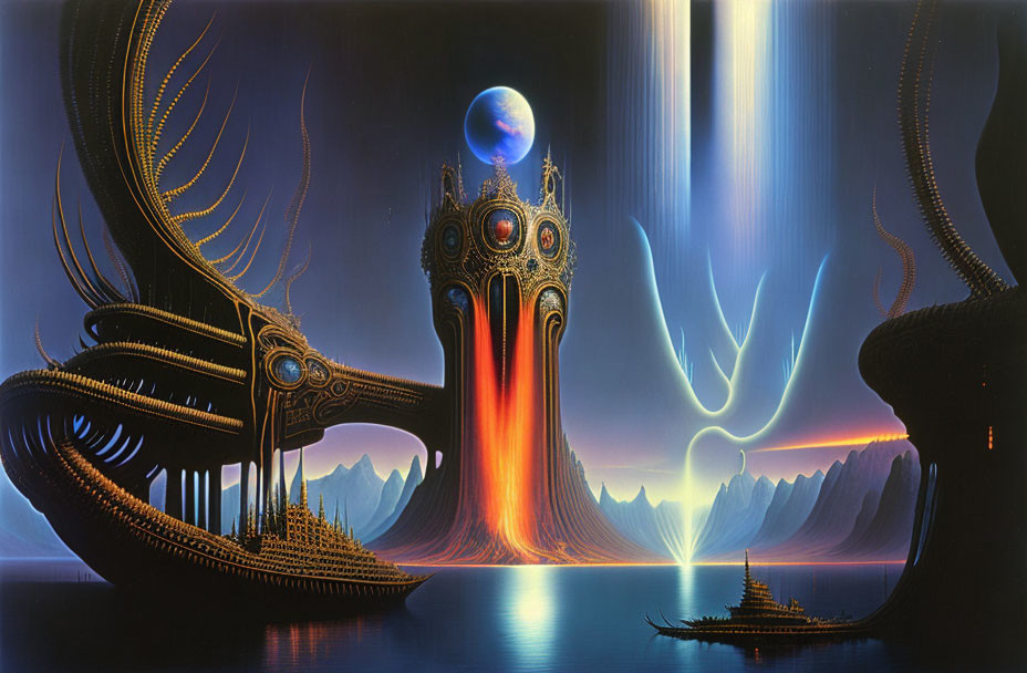 Futuristic surreal landscape with alien structures and blue moon