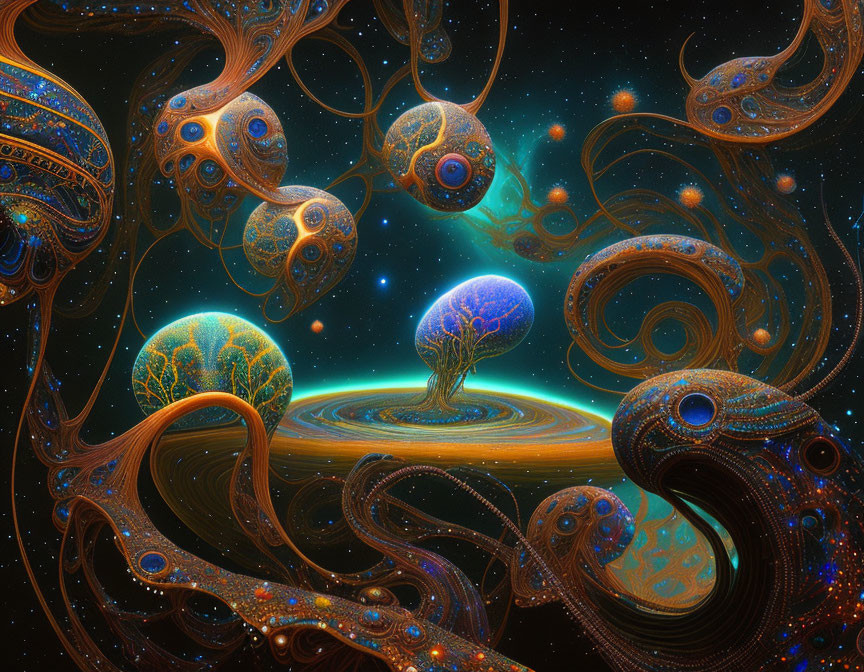 Colorful Fractal Art: Celestial Bodies, Swirling Patterns, Tree Structure