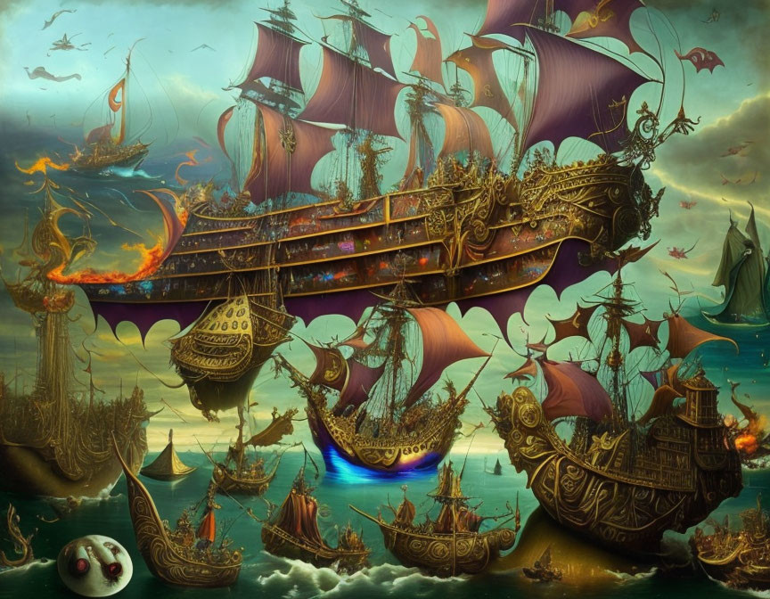 Vividly colored ships floating in a fantastical nautical sky scene