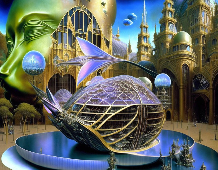 Surreal futuristic landscape with golden structures, flying fish-like vehicles, and a floating green face