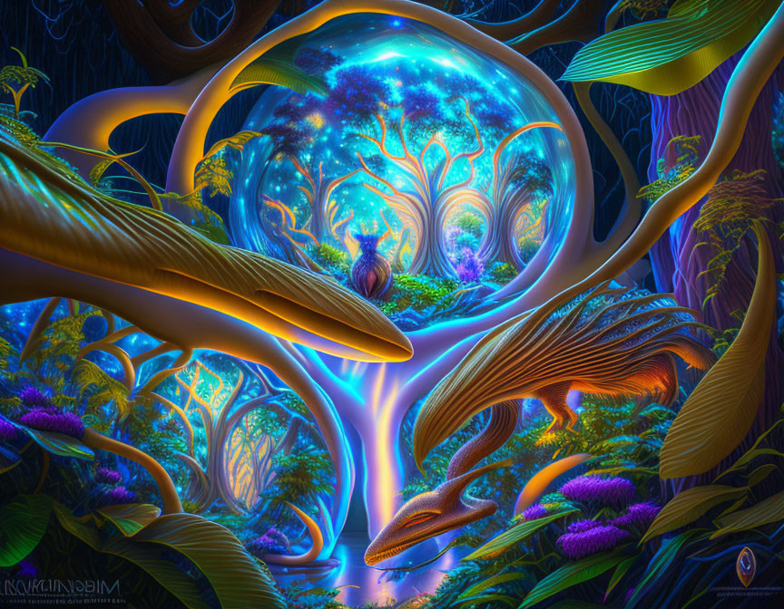 Ethereal digital artwork of luminous forest in bubble