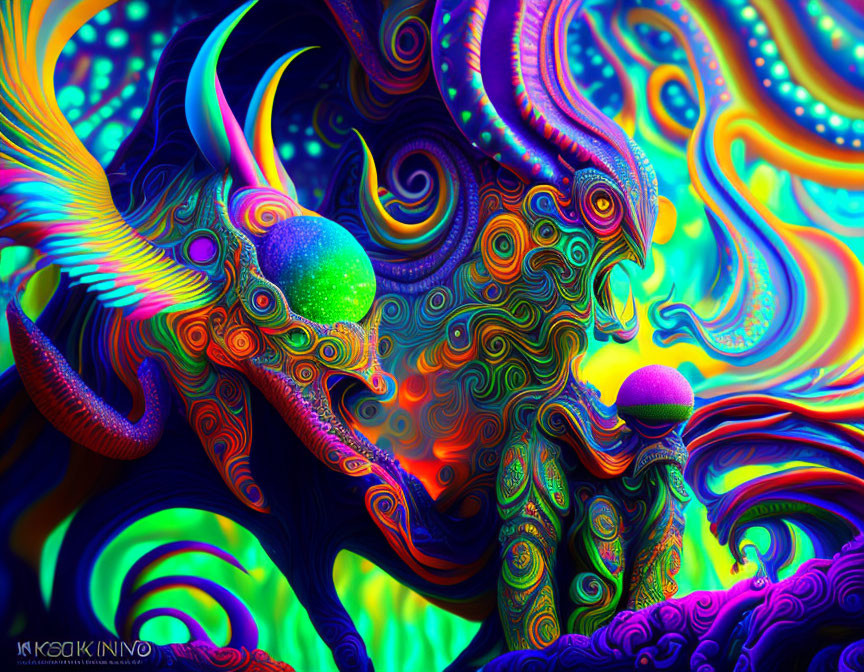 Colorful Psychedelic Digital Artwork with Abstract Dragon Creature