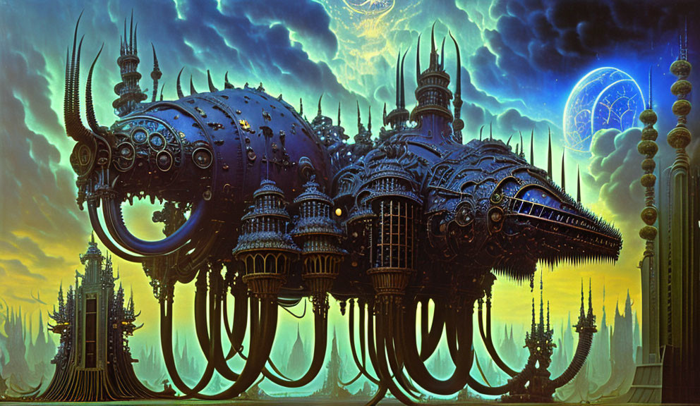 Intricate Steampunk Cityscape with Dark Towers and Mechanical Tentacles