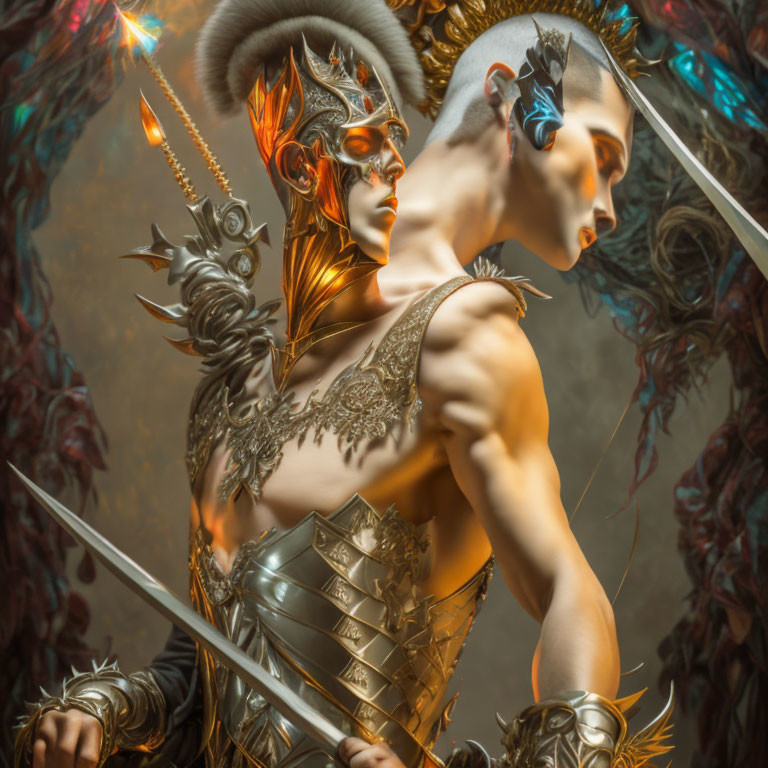 Elaborate fantasy costumes with metallic armor and ornate headpieces in dramatic setting