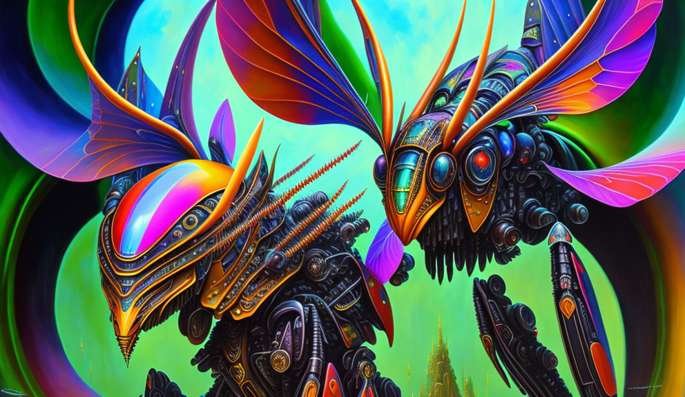 Colorful digital artwork: Two mechanical butterflies in intricate designs on a psychedelic backdrop with futuristic structures