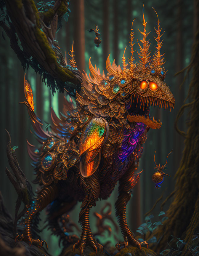 Fantastical creature with glowing eyes and golden feathers in mystical forest