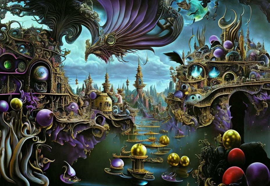 Surrealist artwork: ornate structures, floating orbs, surreal elements, merging architecture with organic forms