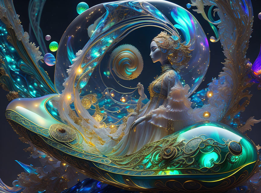 Ethereal digital artwork of celestial female figure in cosmic ornaments