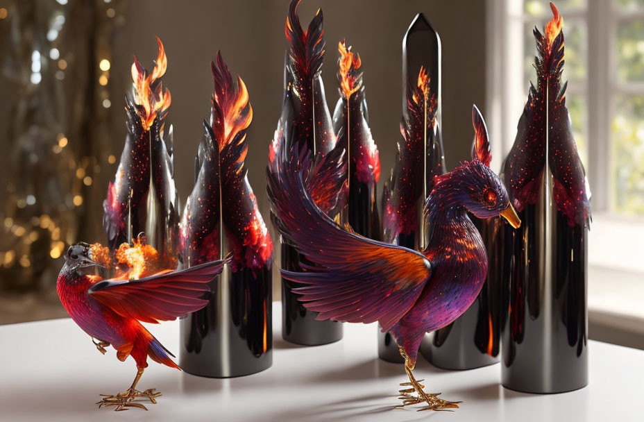 Vibrant phoenix-like birds with fiery wings and abstract black sculptures on reflective surface