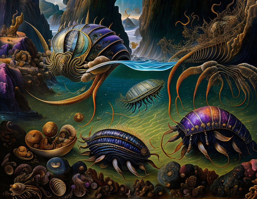 Surreal painting of robotic sea creatures swimming above illuminated seabed