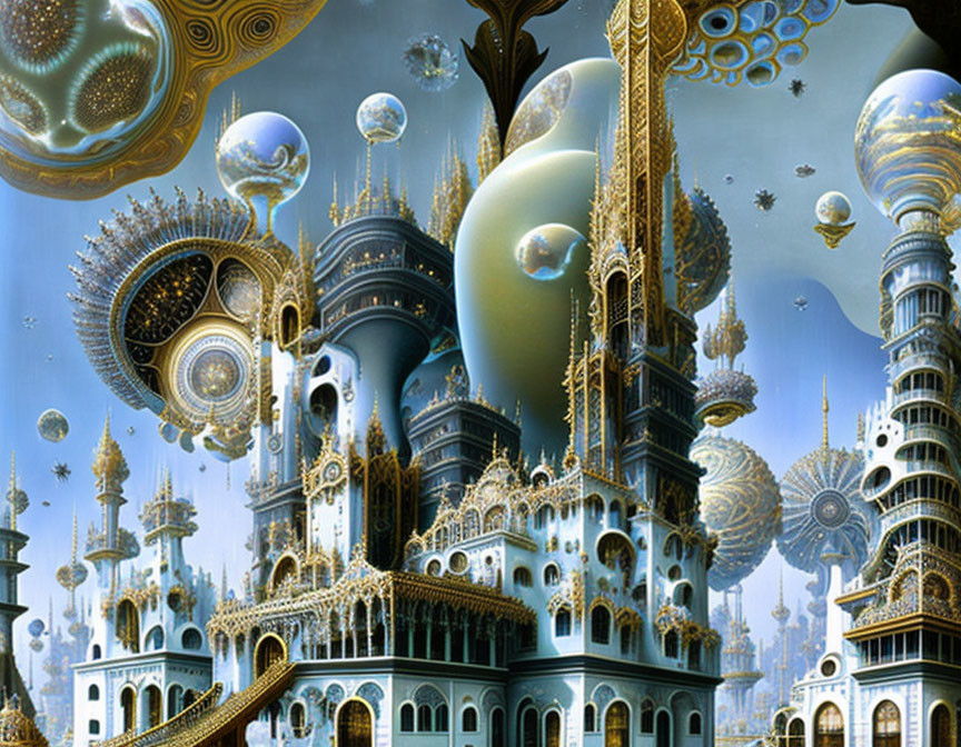 Intricate otherworldly city with ornate towers and floating globes