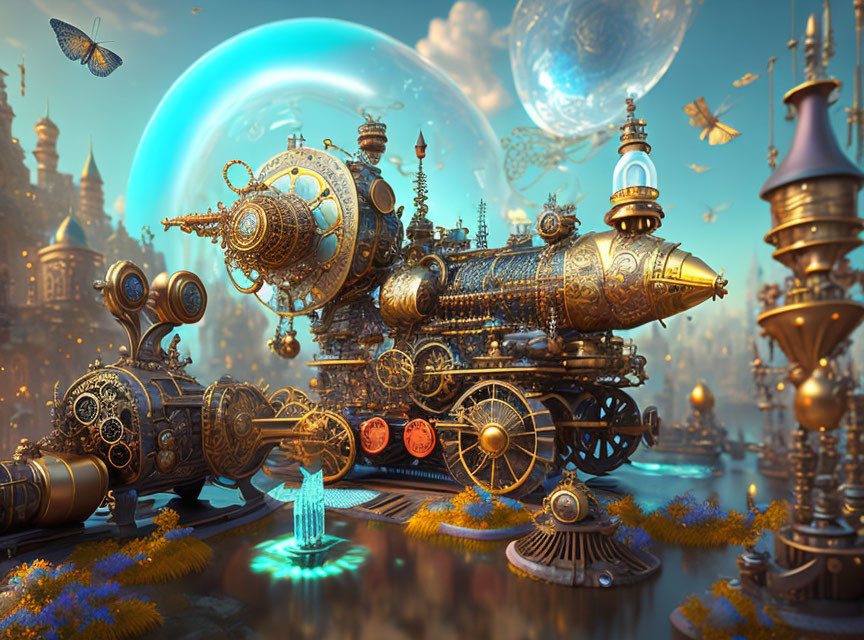 Steampunk-inspired fantasy landscape with brass structures, gears, orbs, and whimsical flora