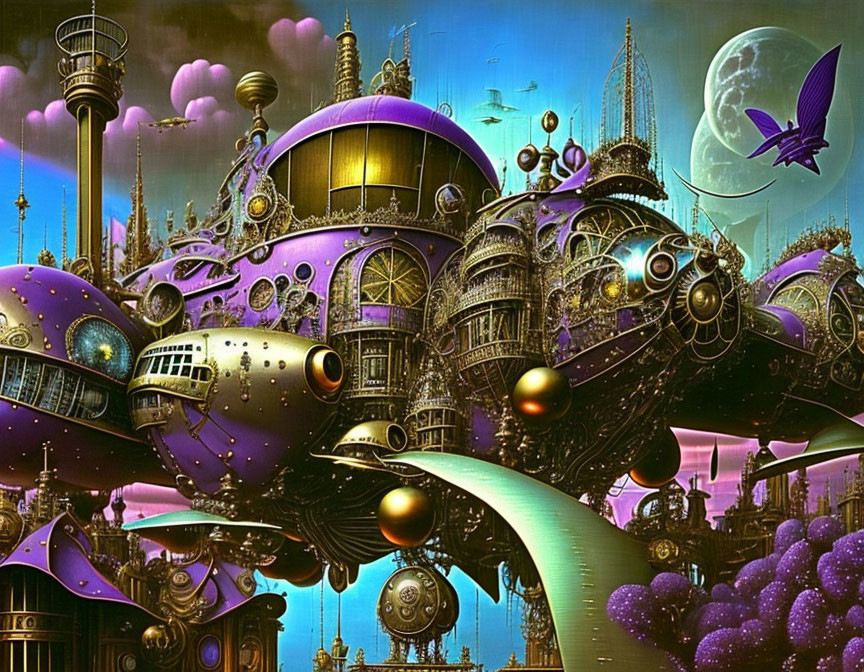 Steampunk cityscape with metallic structures and crescent moon