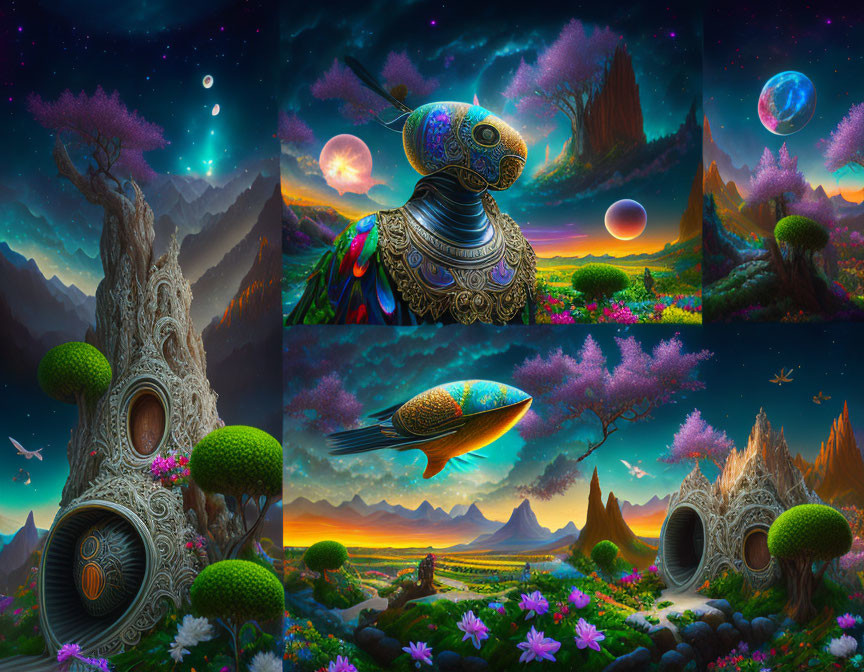 Surreal triptych: ornate mechanical birds, lush flora, celestial bodies.