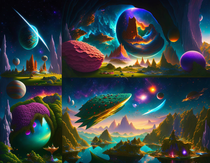 Vibrant alien landscapes with lush vegetation, structures, planets, comet, spaceship