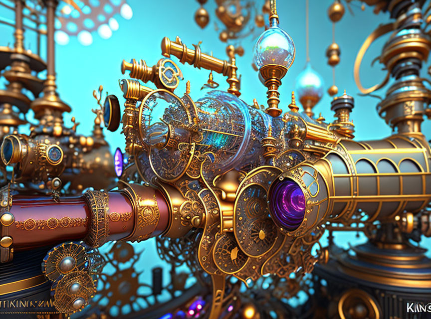 Steampunk device with brass pipes and glowing purple elements amid intricate machinery