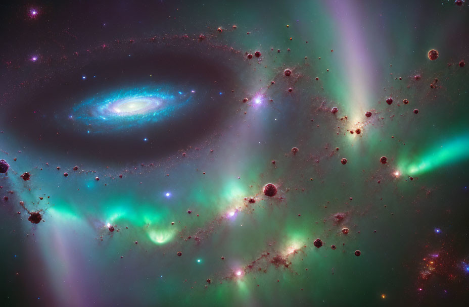 Colorful Spiral Galaxy and Nebulae in Cosmic Scene