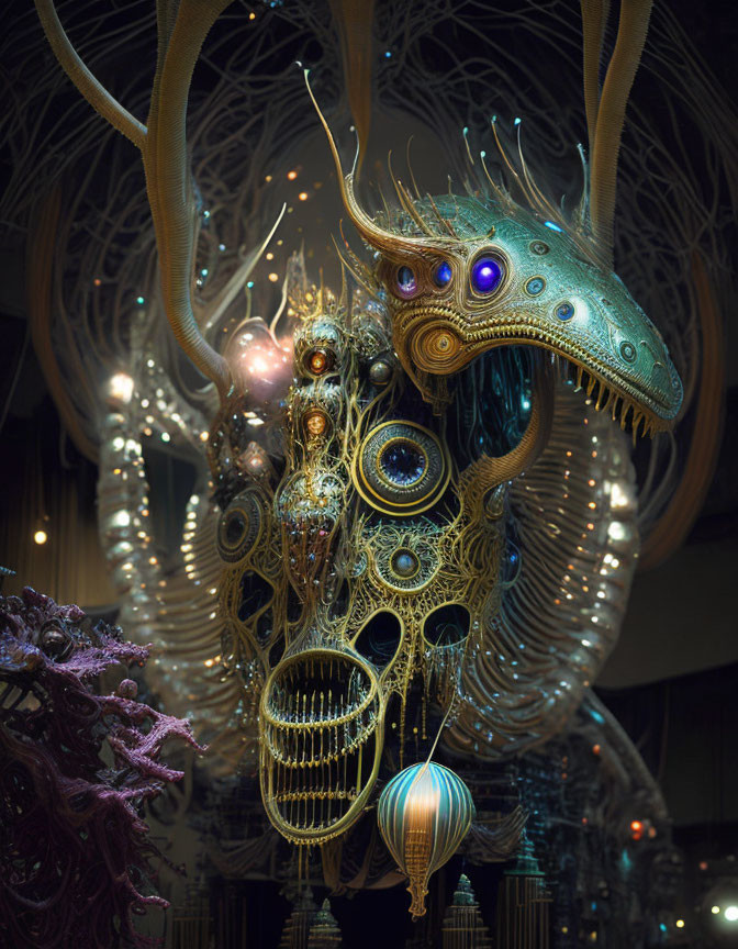 Intricate glowing fantastical creature with multi-eyed head and tendrils