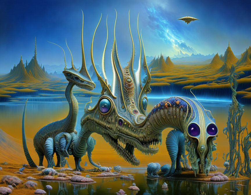 Surreal alien landscape with fantastical creatures and vibrant colors