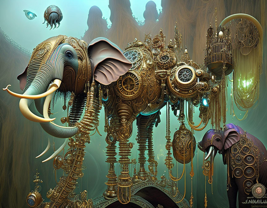 Surreal steampunk-style mechanical elephants in aquatic setting