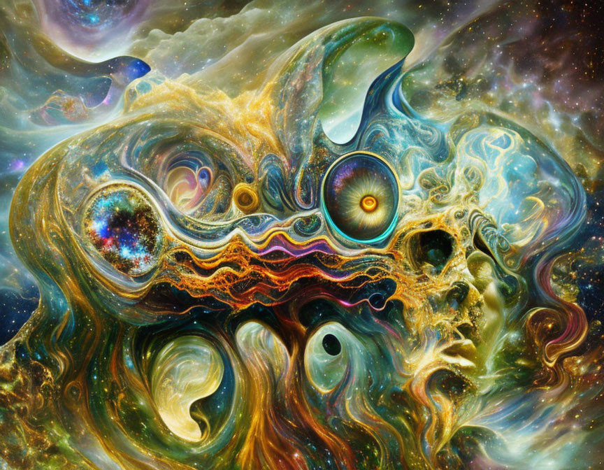 Abstract cosmic scene with swirling patterns and vivid colors.