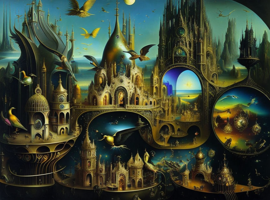 Surreal painting of architectural structures, flying ships, birds, and celestial elements