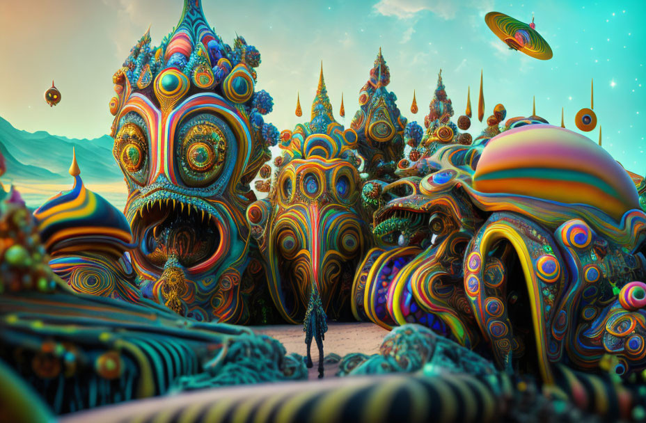 Colorful Fractal Structures and Flying Saucers in Surreal Landscape