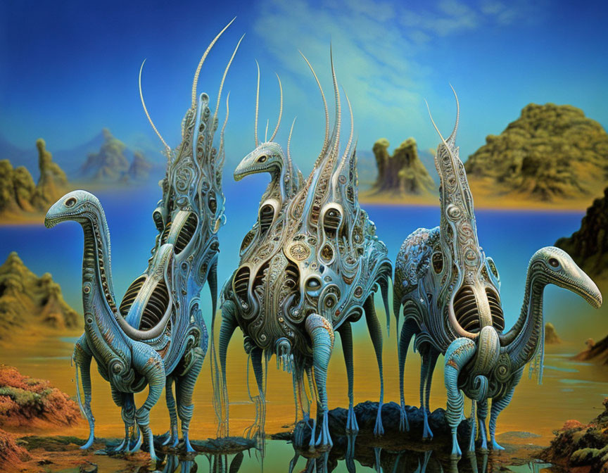 Elongated neck surreal biomechanical creatures in desert landscape