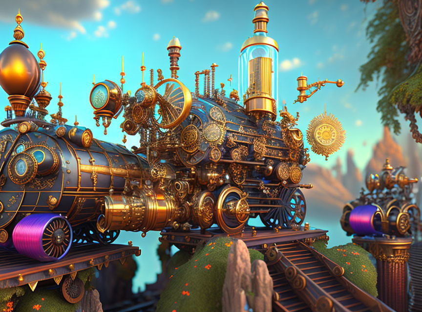 Steampunk-inspired train with ornate metal details in vibrant landscape