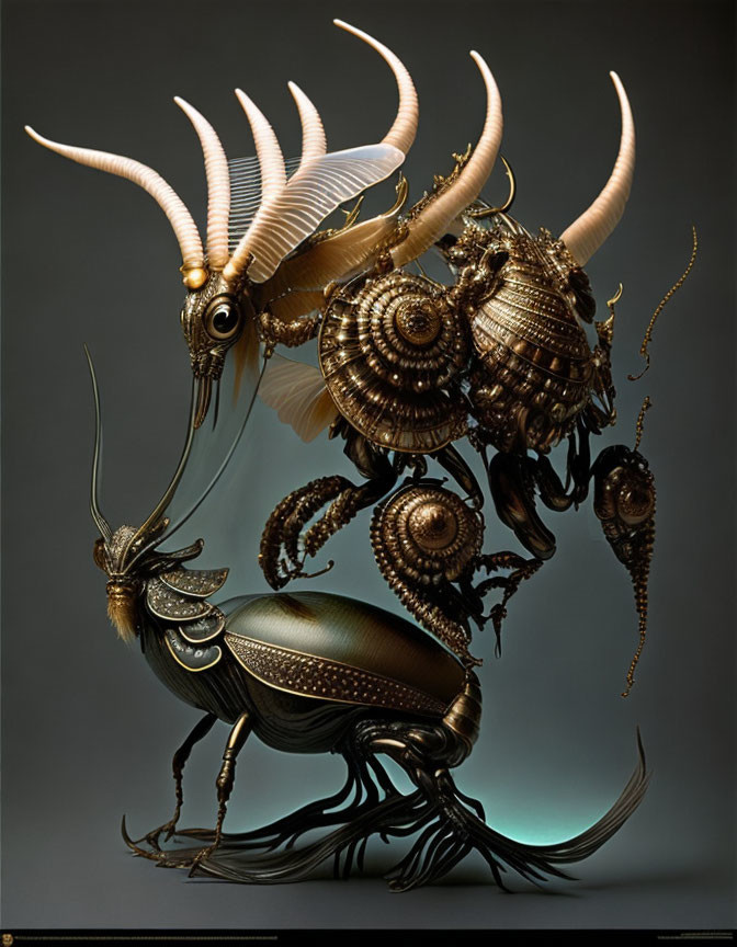 Intricate surreal artwork of a mechanical insect with multiple horns and layered wings