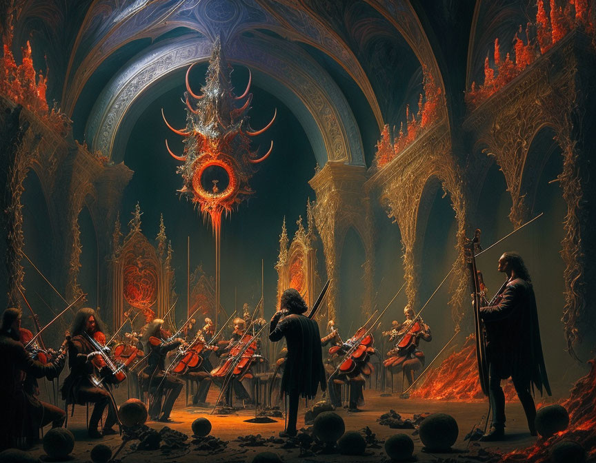 Classical musicians performing in gothic hall with mystical creature