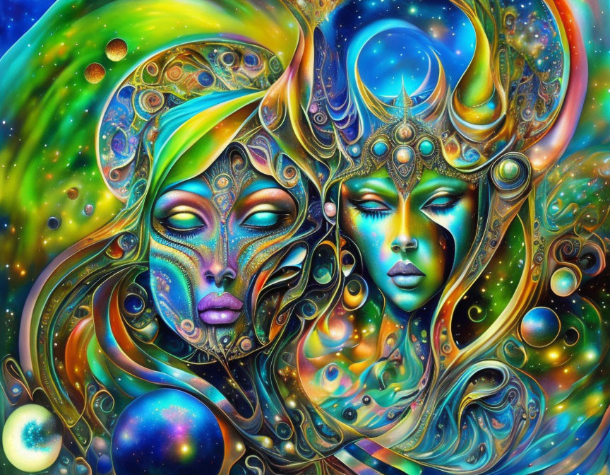 Colorful Psychedelic Artwork: Two Faces Blending with Cosmic Elements