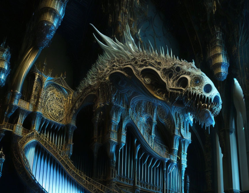 Intricate dragon-like skull in gothic setting with ornate architecture