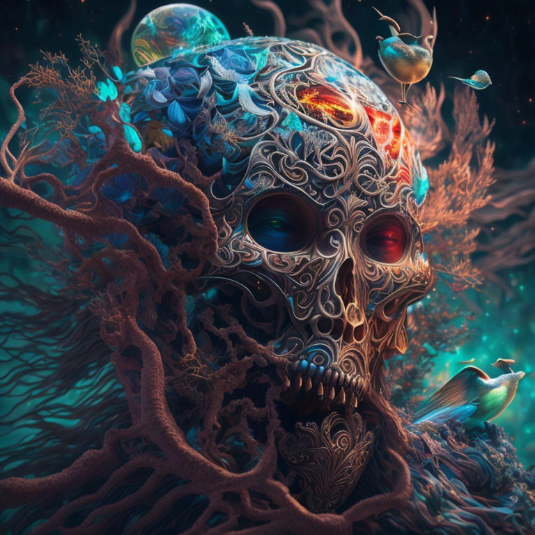 Intricate skull art with jewels, coral structures, and fish