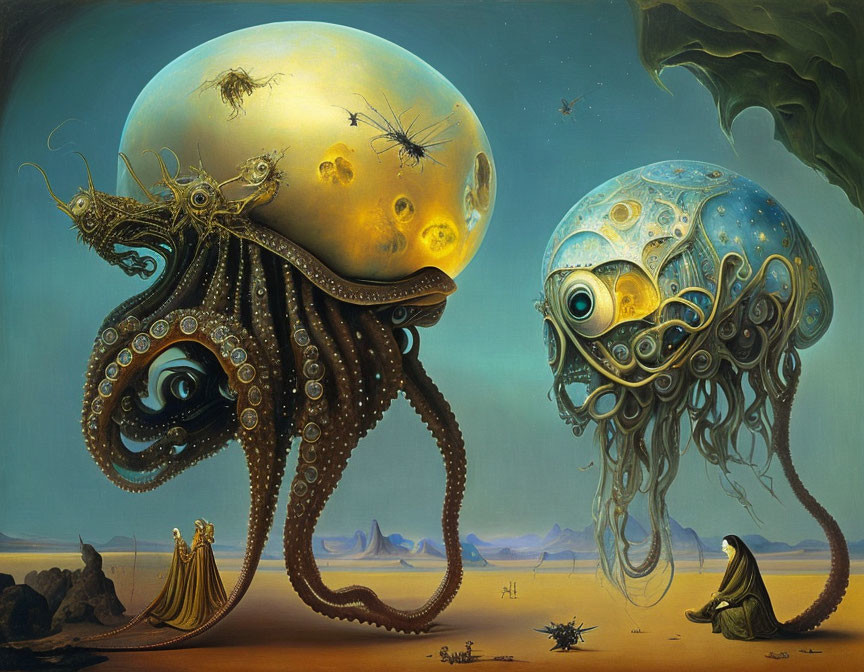 Surreal octopus-like creatures with ornate shells in desert landscape