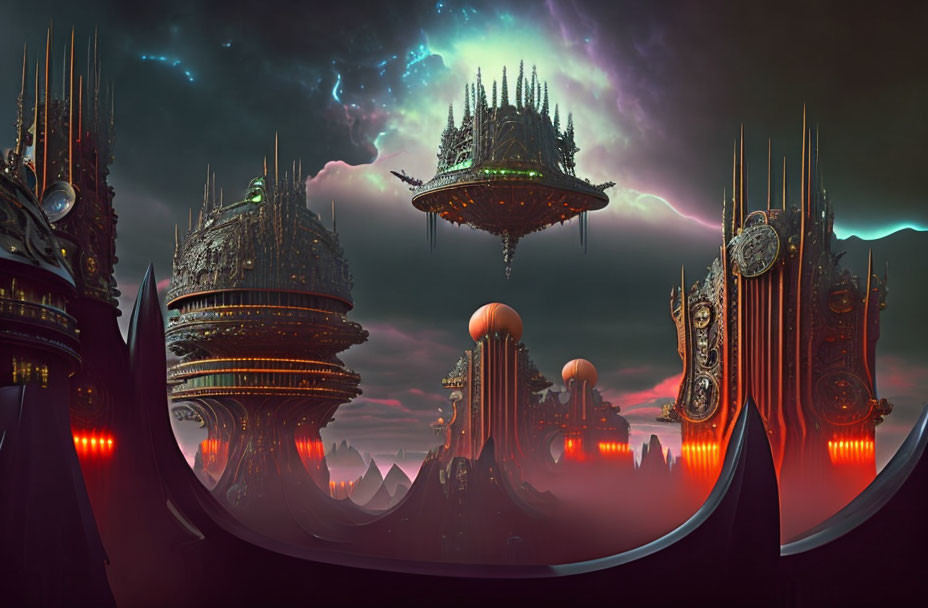 Surreal landscape with spire-topped structures and floating islands