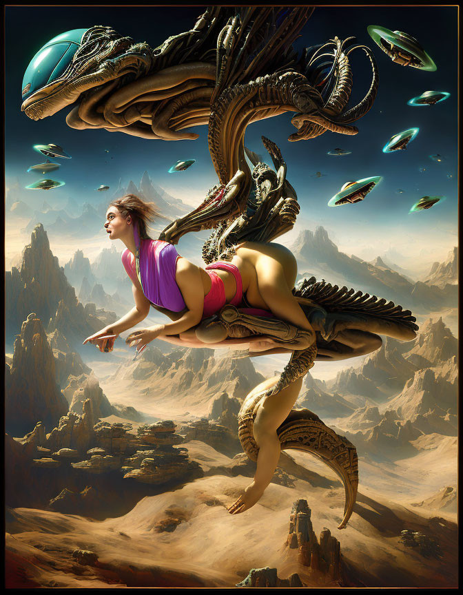 Fantasy woman on mechanical dragon in desert with floating ships