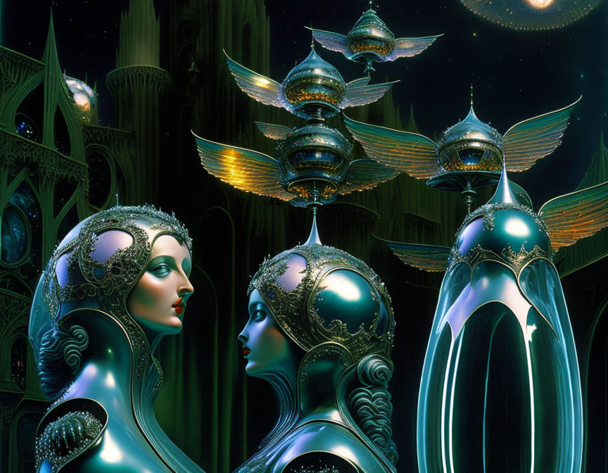 Futuristic artwork: humanoid robots in ornate headpieces in alien city