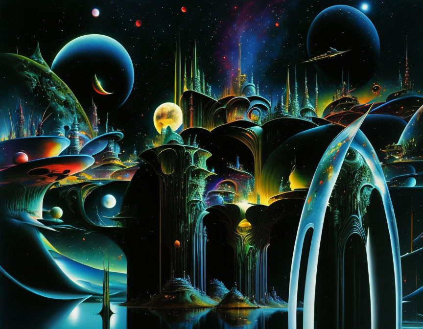 Colorful space fantasy landscape with futuristic cities and alien planets on a black background